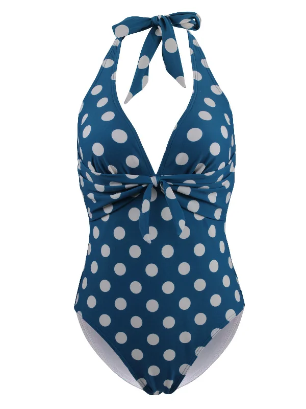 Halter Polka Dot One-Piece Swimsuit Strap Bikini Set