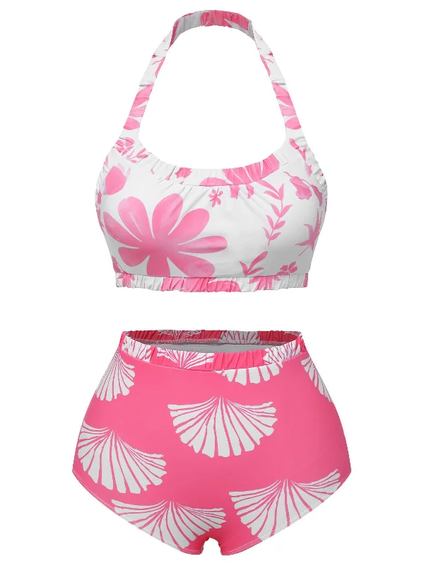 Pink 1930s Floral Elastic Gathers Halter Swimsuit Trendy Swimsuit Bottoms