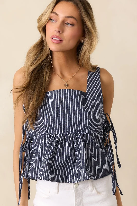 Not For Long Navy Stripe Peplum Tank Top peach tank top