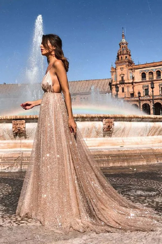 Sexy Deep V Neck Backless Long Prom Dress Sparkly Party Dress Tunics Seasonal trendy