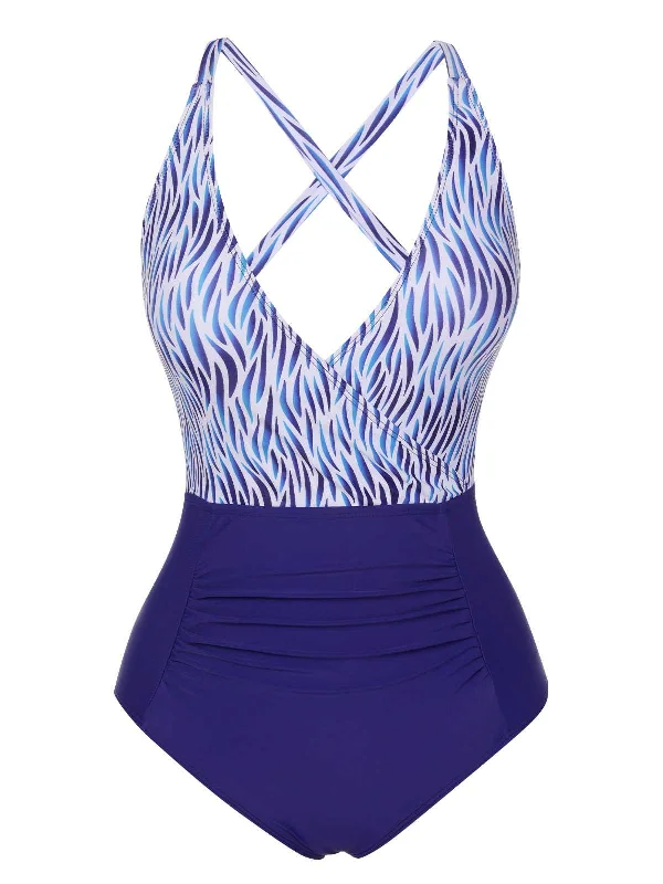 Blue 1930s Strap Stripes Patchwork One-Piece Swimsuit Fun Pattern Swimsuit