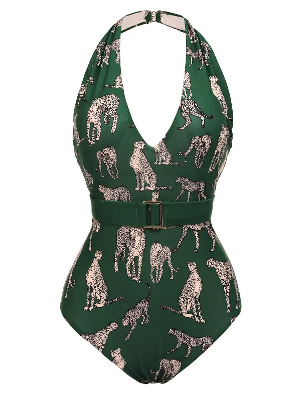 Green 1930s Jaguar Vintage Halter One-piece Swimsuit Two-Piece Beachwear