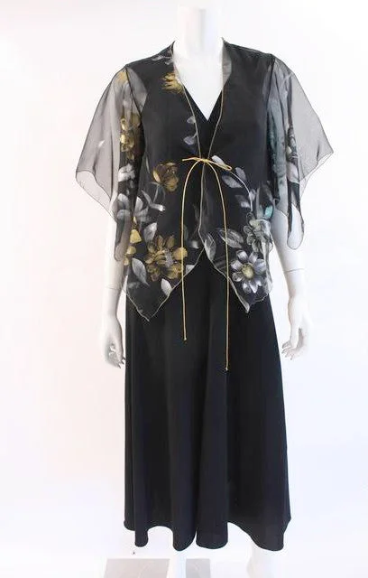 Vintage 70's Maxi Dress w/Hand Painted Jacket A-Line Jacket Boat Neck Shawl Collar