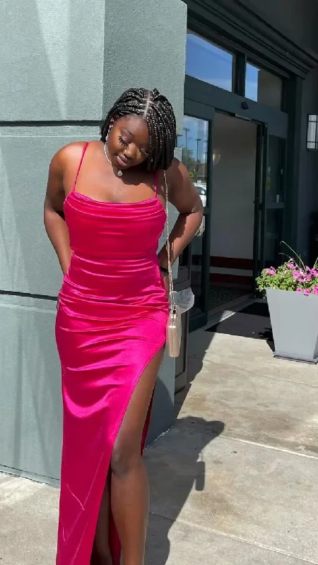 Fuchsia Straps Satin Black Girl Bridesmaid Dress Evening Party Dress with Slit,DP1278 Tunics Party sparkling