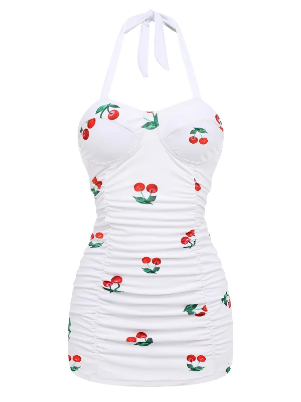 Retro 1950s Cherry Summer One-piece Swimsuit Solid Color Swimsuit