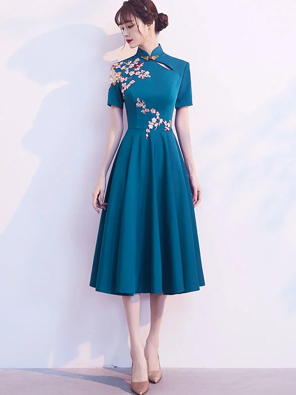 Blue Fit & Flare Cheongsam Qi Pao Party Dress Tunics Cozy comfortable