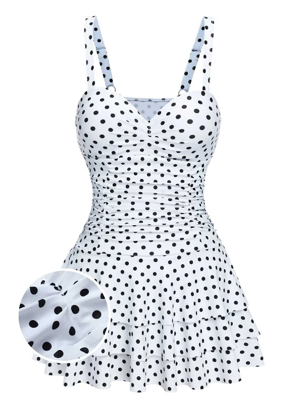 White 1950s Spaghetti Strap Polka Dots Swimsuit Bold Swimsuit Design