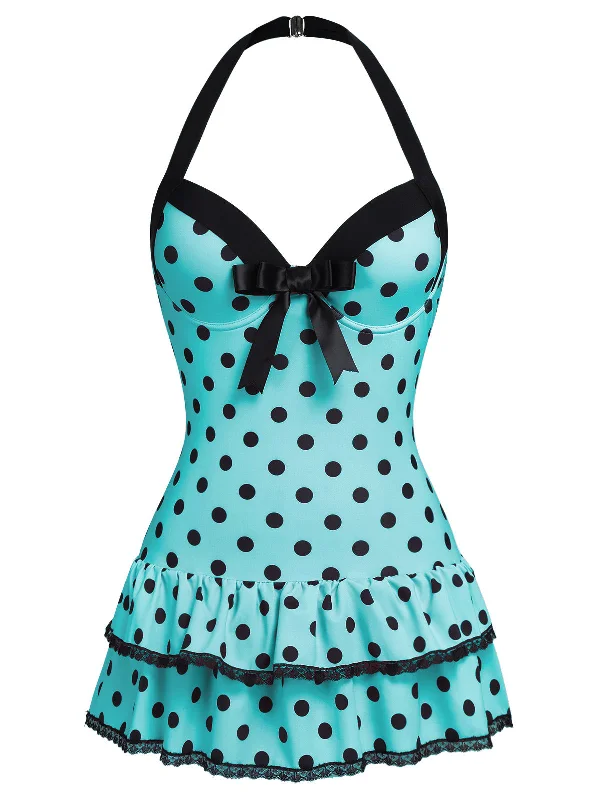 [Pre-Sale] Blue 1940s Halter Polka Dots Bow One-Piece Swimsuit Stylish Cover-Up Set