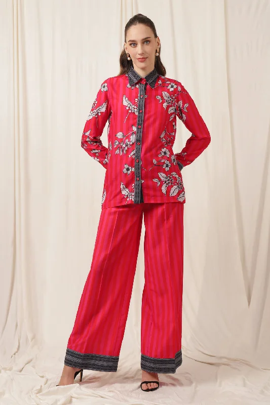 MAGNIFICIENT PINK OPEN BACK CO-ORD SET PRINTED STRIP PANTS Stylish Slim Trousers