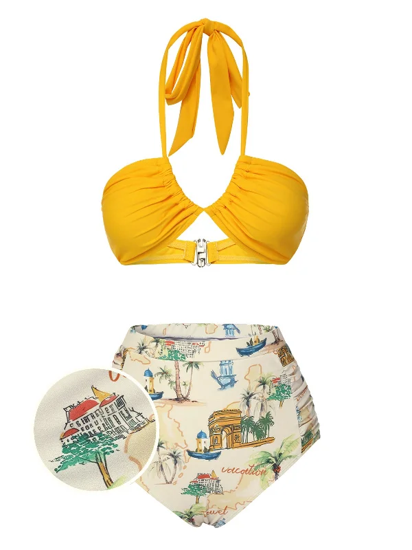 Yellow 1970s Retro Architectural Pattern Halter Swimsuit Fun Pattern Swimsuit