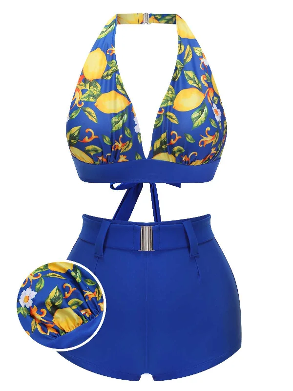 Blue 1930s Halter Lemon Belted Swimsuit Chic Bikini Set