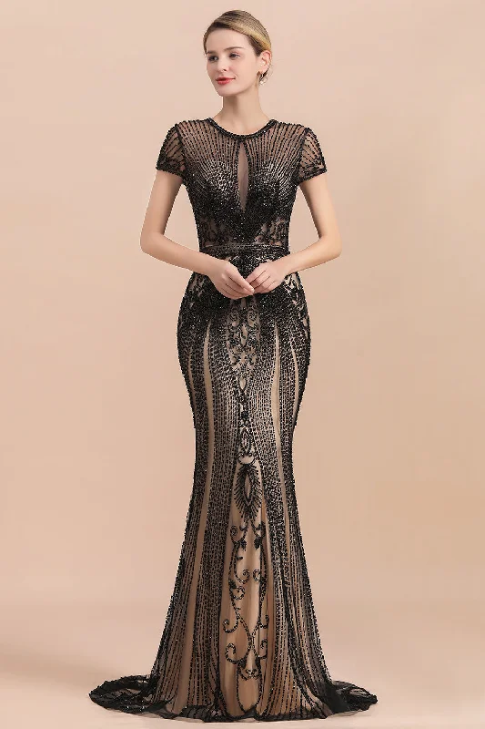 Charming Beads Mermaid Prom Dress Short Sleeve Crew Neck Party Dress Tunics Short Trendy