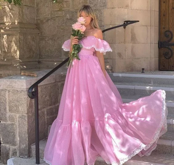 Pink Off Shoulder A-Line Sweet Long Party Dress,DP1766 Peplum Ruffle Cocktail