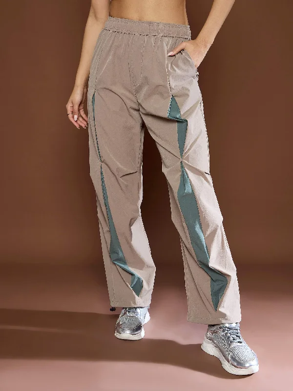 Women Unisex Taupe Front Invert Pleat Baggy Parachute Pants Chic Slim Fit Pants
