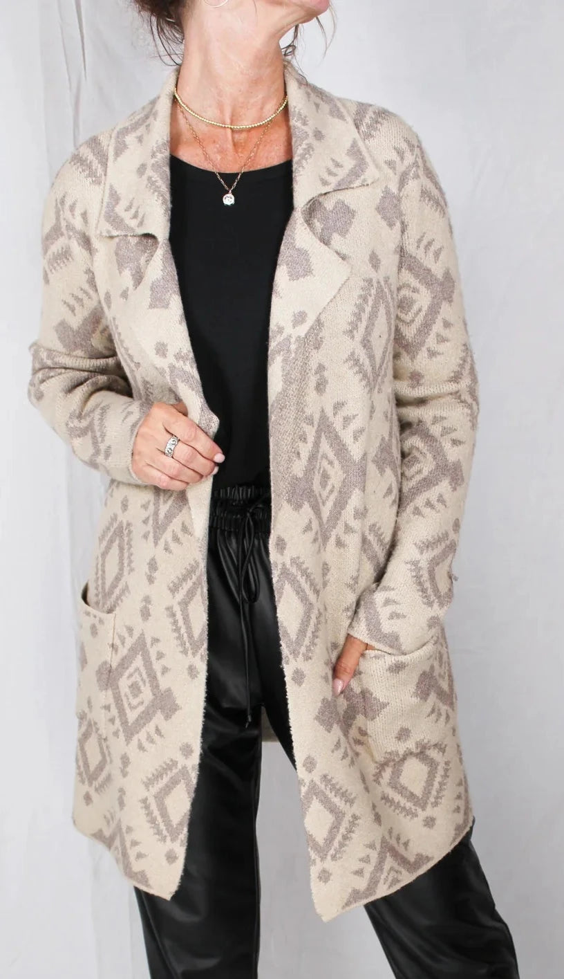 LADIES JACQUARD NOTCH COLLAR LONG CARDIGAN in OATMEAL HEATHER Denim Fabric Leather Fabric Suede Fabric