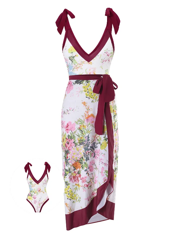 1950s V-Neck Flowers Lacing Swimsuit & Cover Up Sporty Racerback Swimsuit