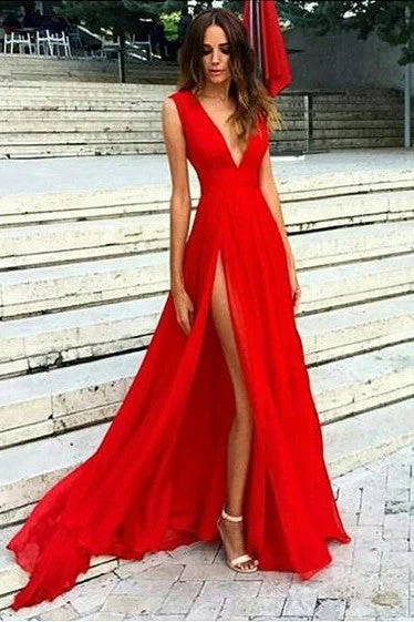 Sexy V-neck Red Split Prom Dresses,Simple Slit Sexy Party Dress OK177 Tunics Chic elegant