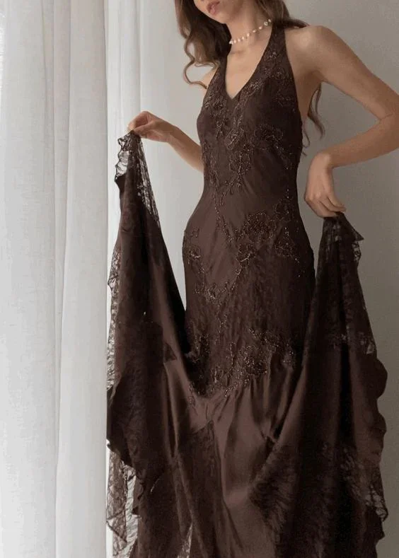 Vintage Halter Party Dress Brown Lace Evening Dress, DP2279 Tunics Versatile stylish