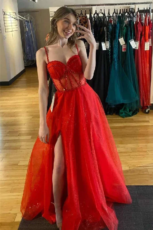 Glitter Red Straps Beaded A-Line Formal Party Dress with Slit,DP1325 empire Waist empire