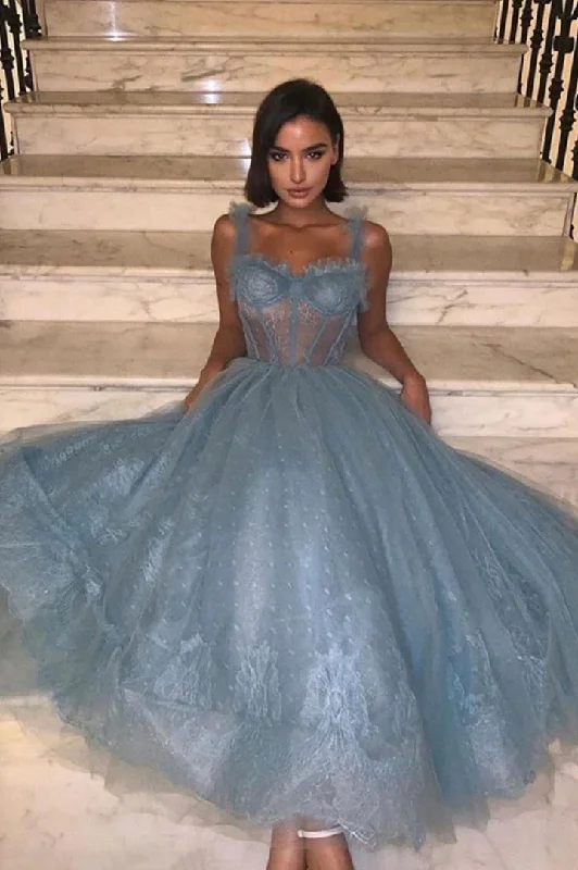 Dusty Blue Straps A-Line Tulle Lace Party Dress,DP1741 Tunics Sale discount