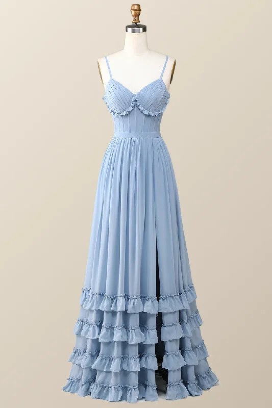 Boho Style Dusty Blue Ruffles Long Party Dress Bridesmaid Dress,DP1817 Pleated Skirt Elegant