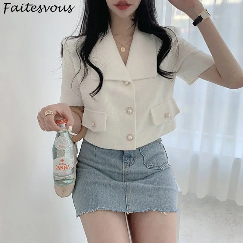 Blazer Short Women 2022 Summer Korean Loose White Jackets Office Ladies Casual Basic Short-sleeved Blazers Satin Fabric Silk Fabric Chiffon Fabric