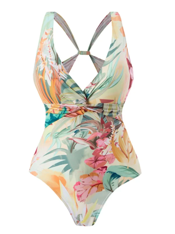 1940s Floral V-Neck Tie-Waist Swimsuit Timeless Black Bikini