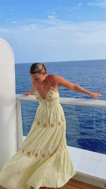 Light Yellow A-Line Halter Backless Embroidery Long Party Dress Trip Dress,DP1937 Tunics stripes playful
