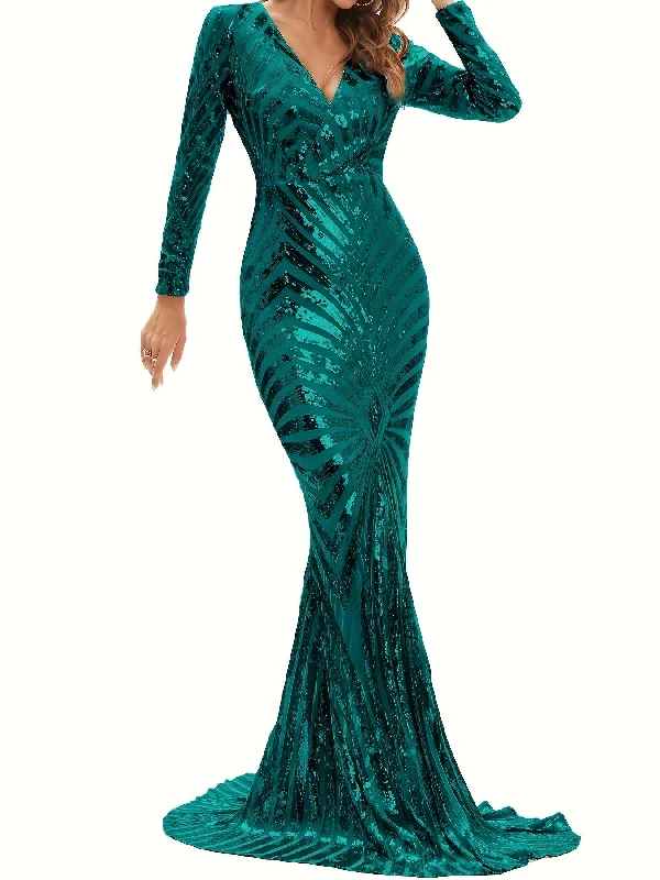 Long Sleeve Sequined Mermaid Fit and Flare Dress - Elegant V-neck, Geometric Pattern, Regular Sleeve, No Elasticity - Perfect for Wedding, Evening, Party, Banquet, Occasion, Engagement, and Ceremony Tunics Stylish elegant Long Sleeve Sequined Mermaid Fit and Flare Dress - Elegant V-neck, Geometric Pattern, Regular Sleeve, No Elasticity - Perfect for Wedding, Evening, Party, Banquet, Occasion, Engagement, and Ceremony Tunics Stylish elegant