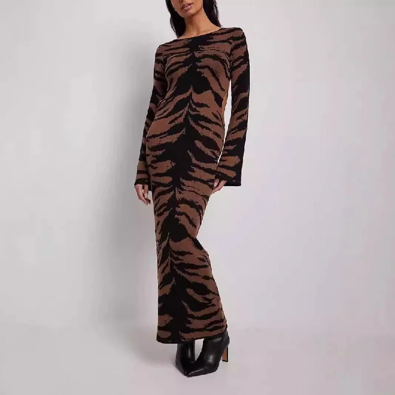 IKEARLAX 2025 new cross-border women's clothing horn sleeves slim-fitting waist sweater skirt fashion leopard print jacquard dress Tunics New arrival IKEARLAX 2025 new cross-border women's clothing horn sleeves slim-fitting waist sweater skirt fashion leopard print jacquard dress Tunics New arrival
