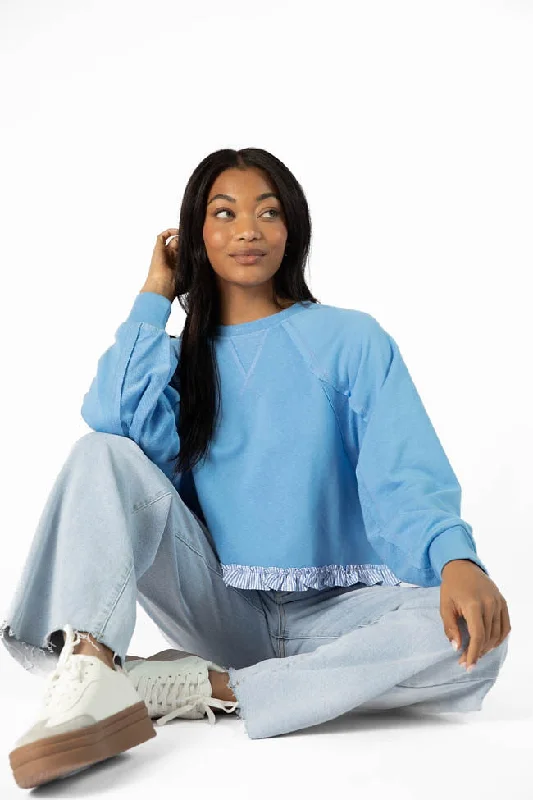 Away We Go Cropped Blue Stripe Ruffle Hem Crew Neck Sweatshirt FINAL SALE Hoodie with Hem Frayed Vintage Worn Away We Go Cropped Blue Stripe Ruffle Hem Crew Neck Sweatshirt FINAL SALE Hoodie with Hem Frayed Vintage Worn