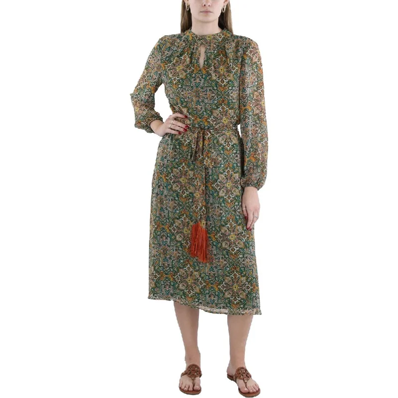 Womens Keyhole Belted Midi Dress Tunics Chic elegant