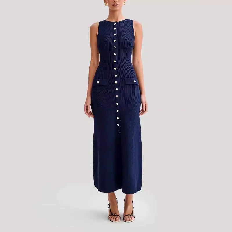 IKEARLAX Europe, America autumn and winter new cross-border women's clothing fashionable and elegant wind sleeveless button dress medium and long dress Tunics Trendy modern IKEARLAX Europe, America autumn and winter new cross-border women's clothing fashionable and elegant wind sleeveless button dress medium and long dress Tunics Trendy modern
