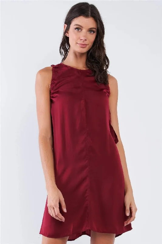 Wine Red Satin Loose Fit Sleeveless Round Neck Mini Dress With Side Ribbon Draw String Ties Dress Tunics Custom made Wine Red Satin Loose Fit Sleeveless Round Neck Mini Dress With Side Ribbon Draw String Ties Dress Tunics Custom made