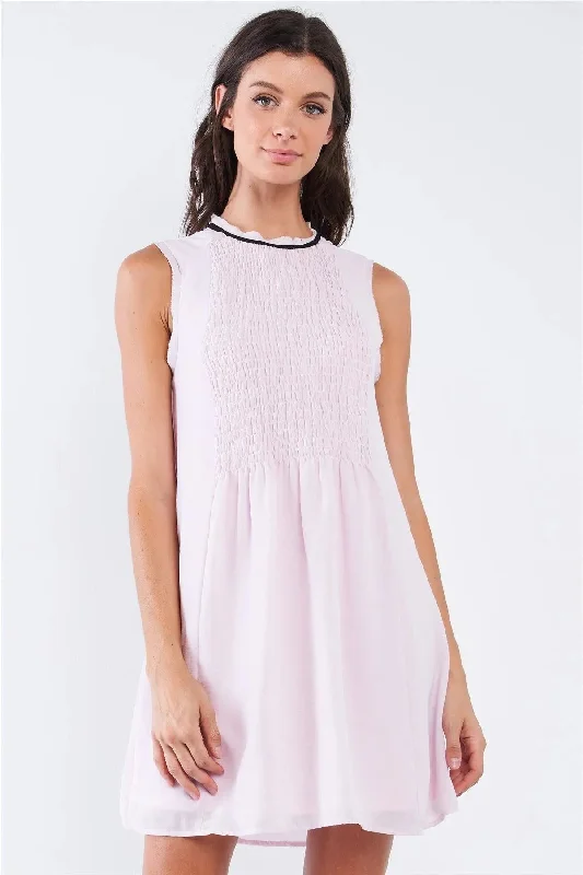 Sleeveless Round Neck Smock Front BabyDoll Mini Dress Tunics Fashionable chic