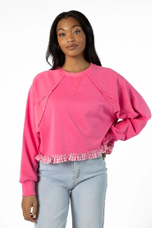 Away We Go Cropped Pink Gingham Ruffle Hem Crew Neck Sweatshirt FINAL SALE Hoodie Sweatshirt Pullover Away We Go Cropped Pink Gingham Ruffle Hem Crew Neck Sweatshirt FINAL SALE Hoodie Sweatshirt Pullover