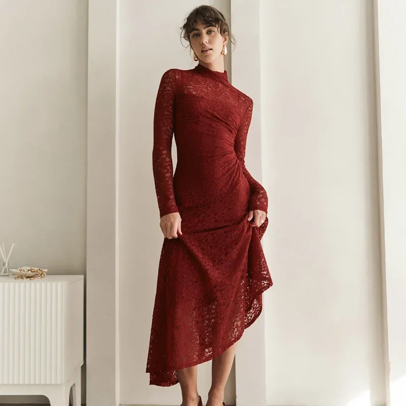 Advbridge Elegant Red Lace Maxi Dresses for Women Spring Turtleneck Long Sleeve Slim Evening Party Dress Fashion Two Piece Sets 2025 Tunics Party sparkling Advbridge Elegant Red Lace Maxi Dresses for Women Spring Turtleneck Long Sleeve Slim Evening Party Dress Fashion Two Piece Sets 2025 Tunics Party sparkling