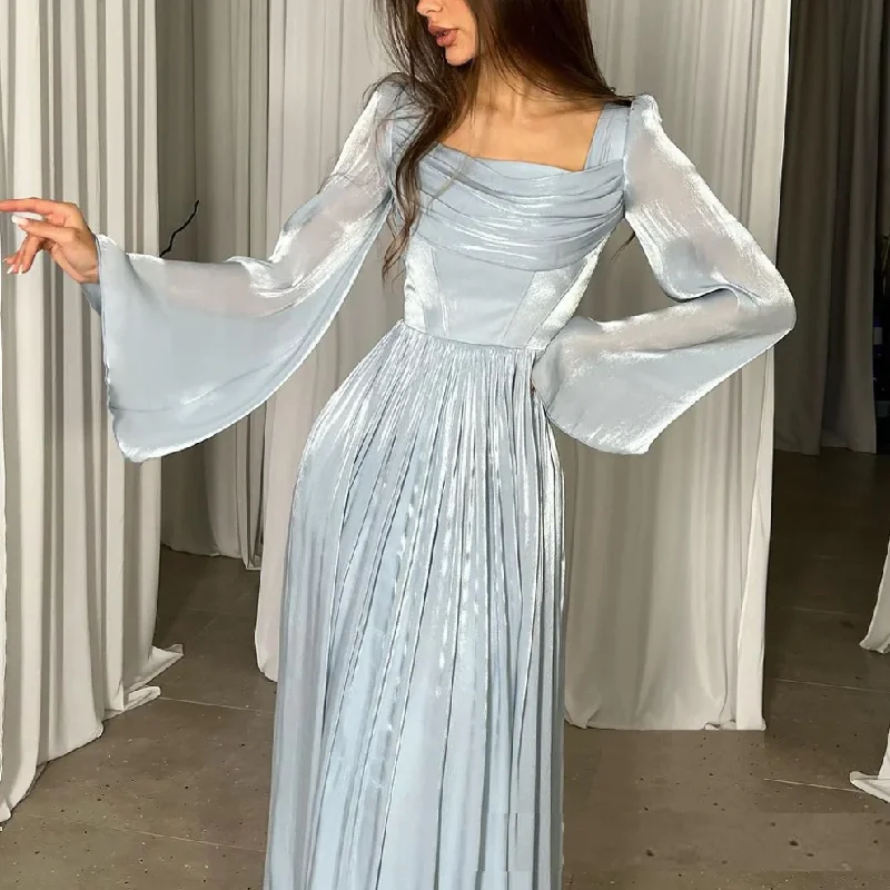 Blue Chiffon Pleated Long Sleeves Elegant A-Line Party Dress, DP2235 Tunics stripes playful Blue Chiffon Pleated Long Sleeves Elegant A-Line Party Dress, DP2235 Tunics stripes playful