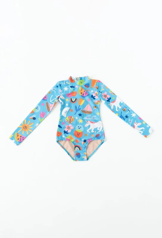 Mini Kelly - Girls Long Sleeve One Piece Swimsuit | Rainbows & Unicorns Retro Swimwear Style Mini Kelly - Girls Long Sleeve One Piece Swimsuit | Rainbows & Unicorns Retro Swimwear Style