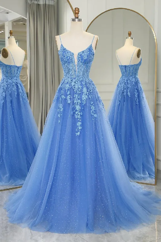 Blue A-Line Straps Lace Appliques Long Prom Dress Formal Party Dress,DP1282 Tunics Satin smooth Blue A-Line Straps Lace Appliques Long Prom Dress Formal Party Dress,DP1282 Tunics Satin smooth