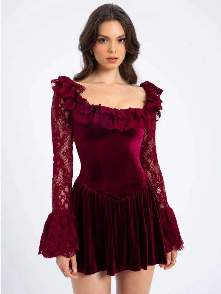 Advbridge Lace Flare Long Sleeve Sexy Mini Dress For Women Elegant Burgundy Lace-up Square Collar Backless Club Party Dress Tunics Distressed trendy Advbridge Lace Flare Long Sleeve Sexy Mini Dress For Women Elegant Burgundy Lace-up Square Collar Backless Club Party Dress Tunics Distressed trendy