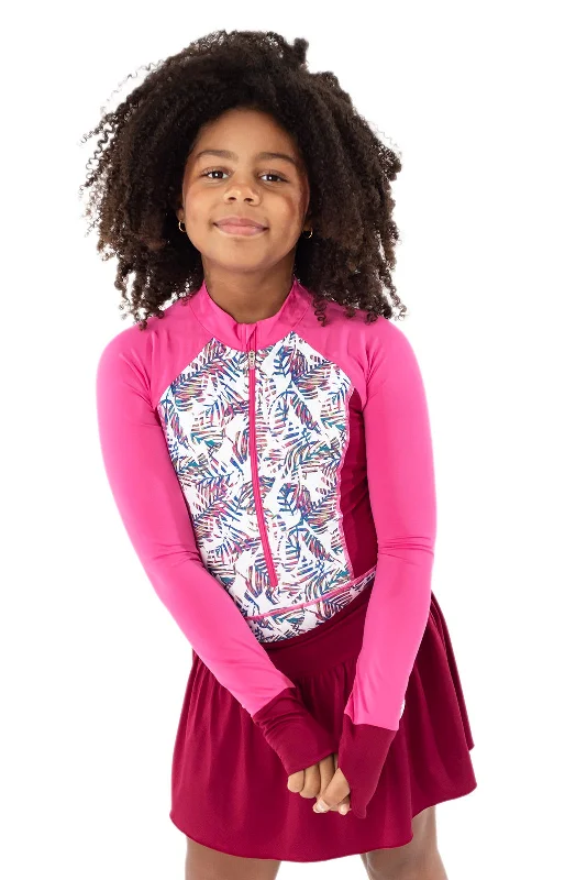 Girl's Koko Long Sleeve Swimsuit | Magnolia Pink Beach Leaves Tropical Print One-Piece Girl's Koko Long Sleeve Swimsuit | Magnolia Pink Beach Leaves Tropical Print One-Piece