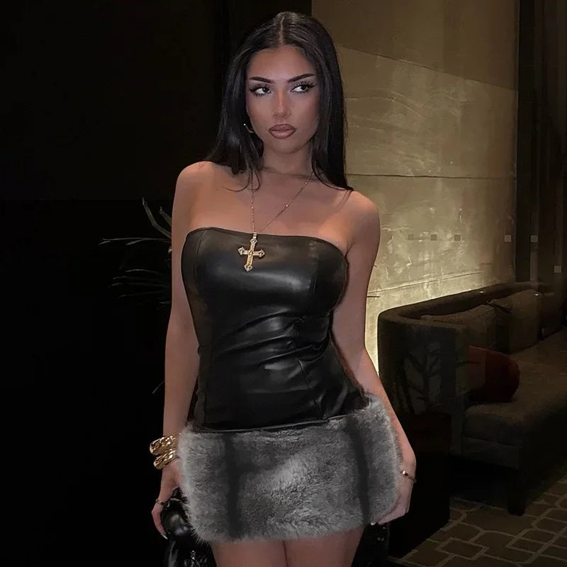 Advbridge Spring Fashion Leather Patchwork Mini Dress for Women Sexy Strapless Sleeve Bodycon Party Dress 2025 New Evening Club Dress Tunics Travel practical Advbridge Spring Fashion Leather Patchwork Mini Dress for Women Sexy Strapless Sleeve Bodycon Party Dress 2025 New Evening Club Dress Tunics Travel practical