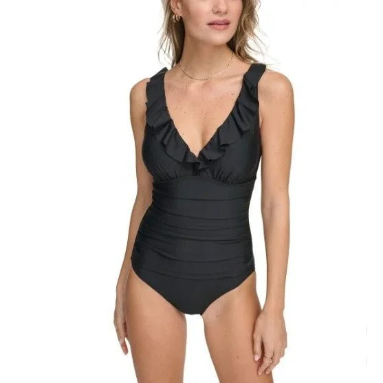DKNY Swimwear Ruffle Plunge V-Neck Underwire One-Piece Swimsuit UPF 40+ Black Two-Piece Beachwear DKNY Swimwear Ruffle Plunge V-Neck Underwire One-Piece Swimsuit UPF 40+ Black Two-Piece Beachwear